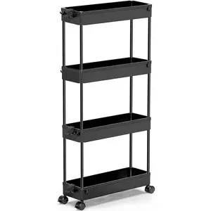 Slim Rolling Storage Cart 4 Tier Bathroom Organizer Cart Mobile Shelving Unit Slide Out Utility Cart for Kitchen, Bthroom, Makeup, Craft, Laundry Narrow Places, Black