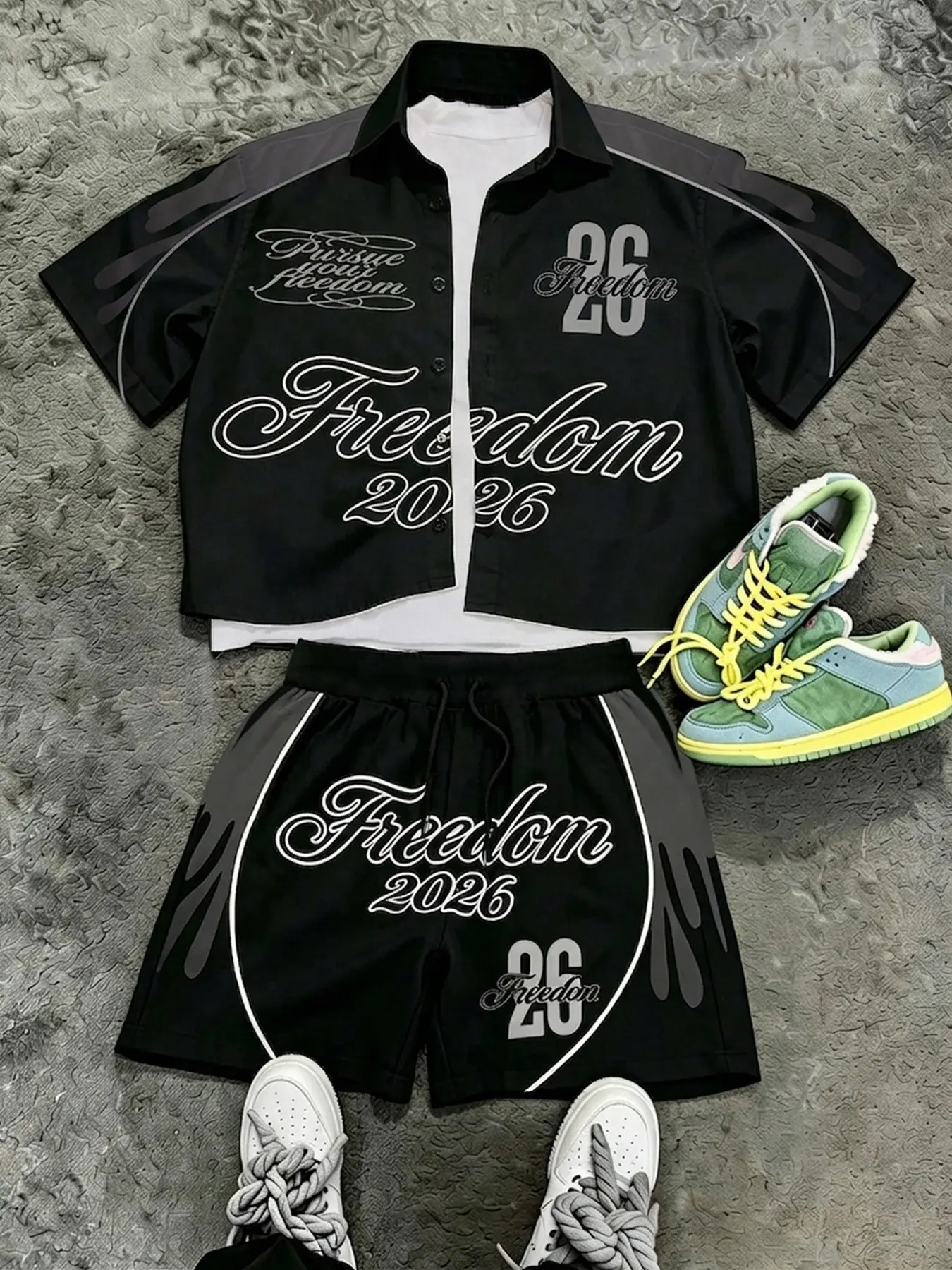 American Dark Style Casual Streetwear Freedom2026 Letter Print Set, Men's Gradient Short Sleeve Shirt and Drawstring Shorts, Two-Piece