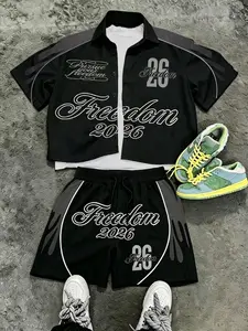 American Dark Style Streetwear Freedom2026 Letter Print Set, Men's Gradient Short Sleeve Shirt and Drawstring Shorts, Two-Piece