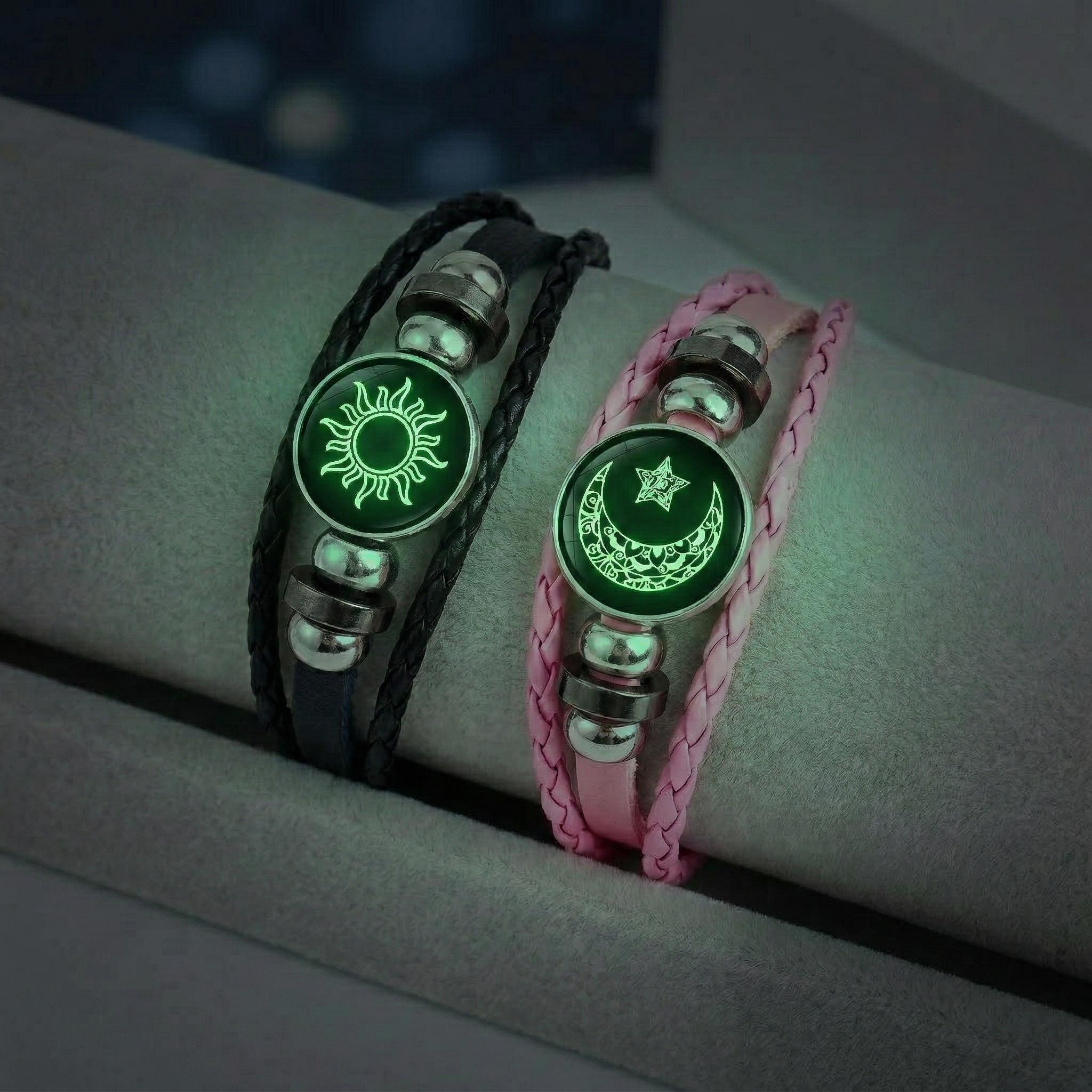 2Pcs Luminous Sun and Moon Couple Bracelets - Glow in The Dark Matching Braided Leather Jewelry, Adjustable Friendship Gift for Boyfriend Girlfriend, Anniversary & Valentine's Day