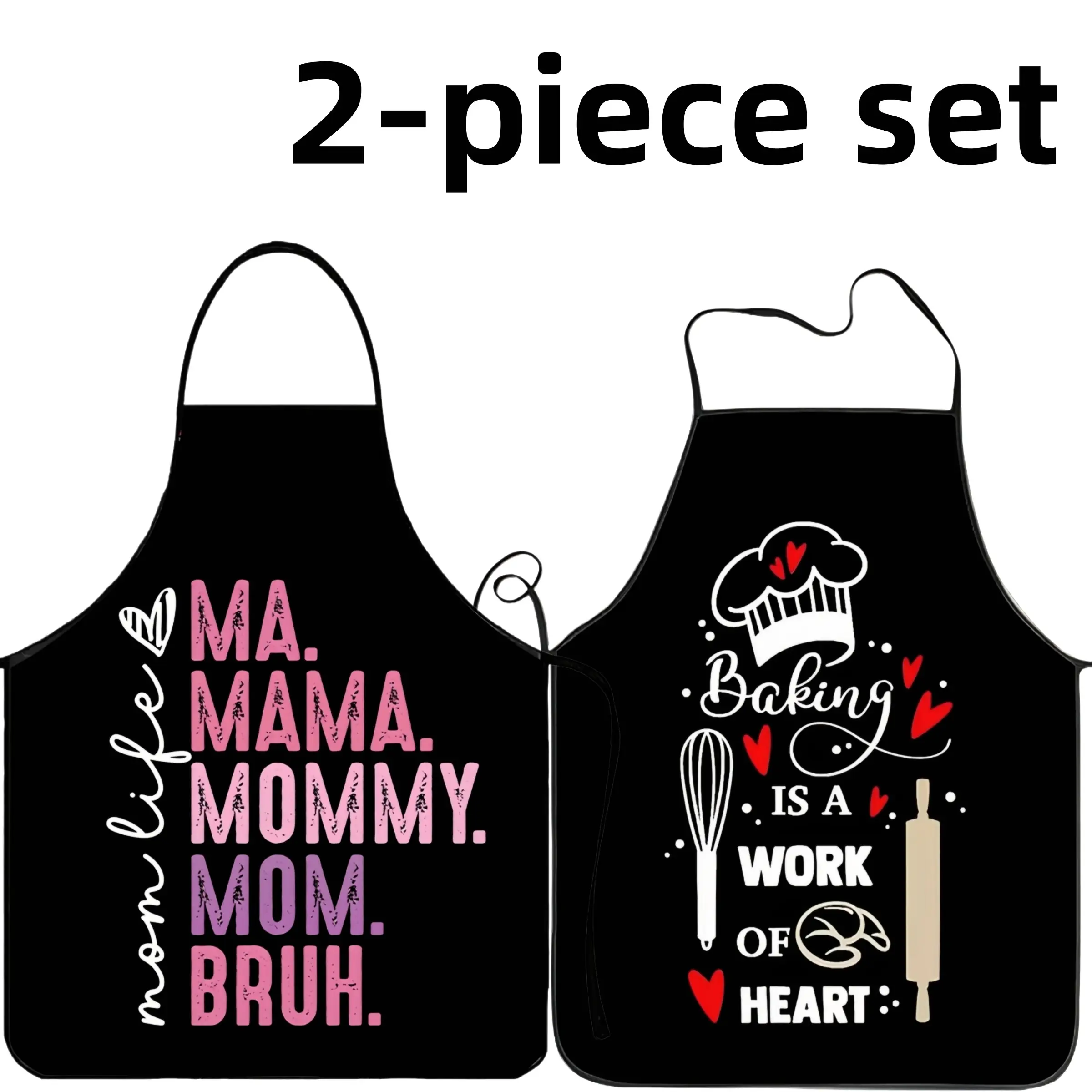 Pink Mama & Cute Baking Print Apron Set, 2 Counts ﻿Christmas Gift Polyester Cooking Apron,BBQ Apron,Gift for Wife&GF,Garden Tool,﻿Kitchen Essential,Cleaning Tool