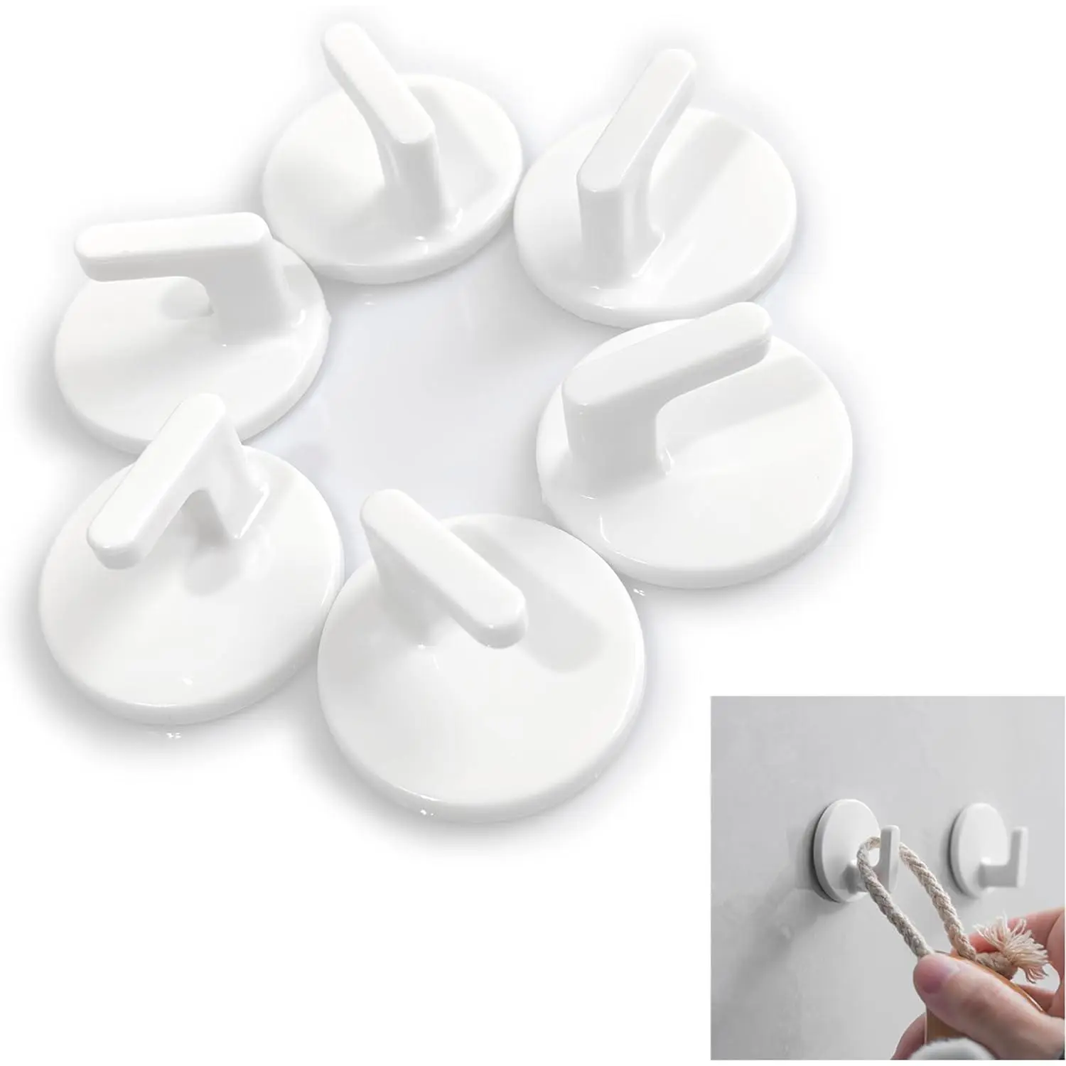 6 count Adhesive Plastic Hooks - Small Wall Hooks for , Drill-Free, Seamless - Kitchen Bathroom - 34 * 34 * 21 mm, White
