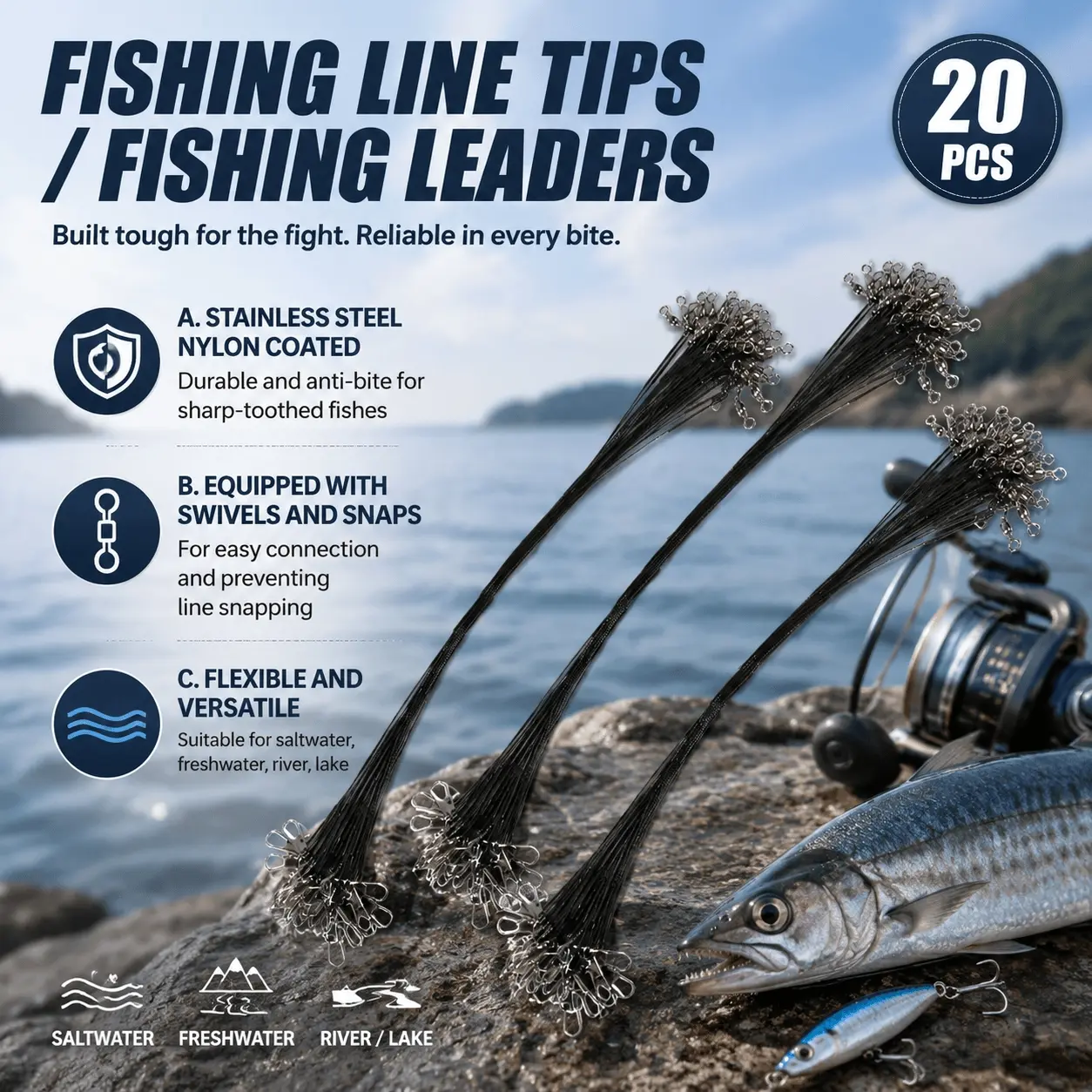 Professional Fishing Leader Line Kit, 30lb High Strength Coated Wire with Swivel Snap Connectors, Fishing Swivels for Saltwater Freshwater, 2 Color Options, Anti-Tangle Rigging Accessories