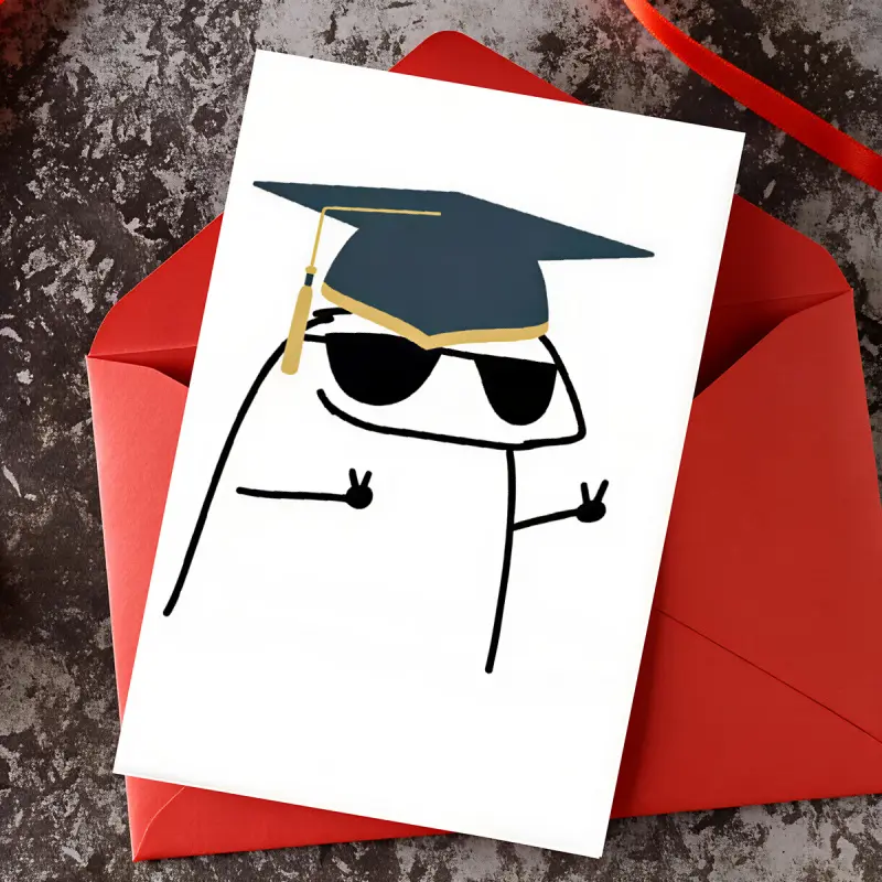 1 funny graduation card featuring a cool simple character wearing a graduation cap and sunglasses, with a blank inside page, suitable for celebrating and gifting to graduates