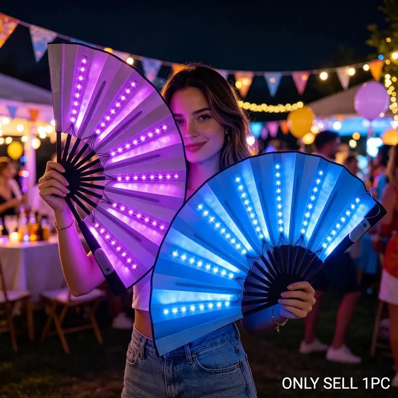 Party LED Folding Fan, 3 Light Modes, Button Battery Powered, Handheld Flash Fan, Bar, Nightclub, Music Festival, Birthday Party Decor