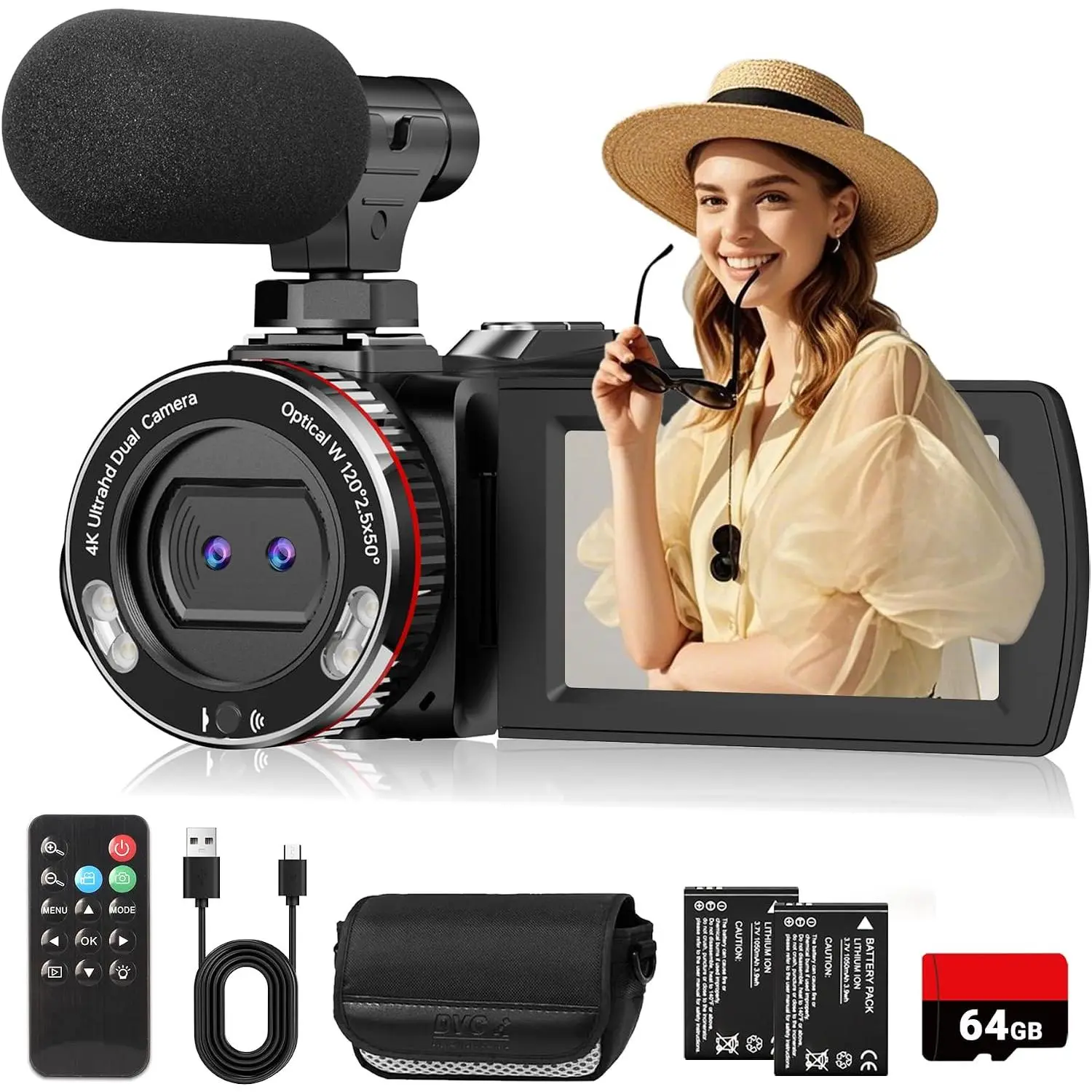 4K UHD 64MP Video Camera Camcorder for YouTube ,  Lens 120° Wide Angle, 18X Digital Zoom, 3.0" IPS Screen, Mic & Remote, 32GB Card and 2  for Vlogging, Travel