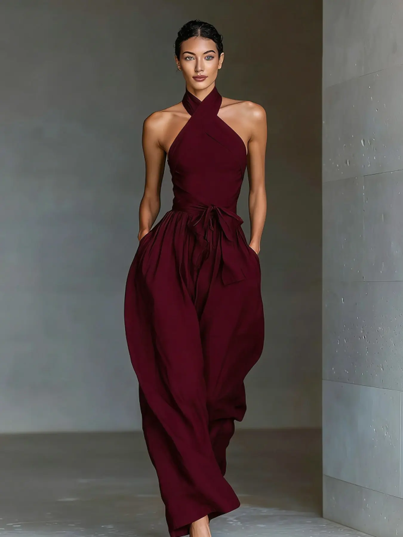 Women’s Sleeveless Halter Cross Neck Jumpsuit, Wide Leg Palazzo Pants, Tie Waist Adjustable One Piece, Casual Summer Resort Wear, Elegant Romper with Pockets