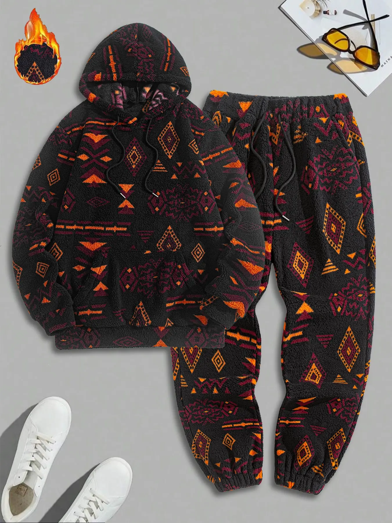 Vintage Ethnic Tribal Pattern Fluffy Fleece Men 2pcs, Hooded Sweatshirt + Jogger Pant Suit, Warm Cozy Tracksuit for Daily Wear
