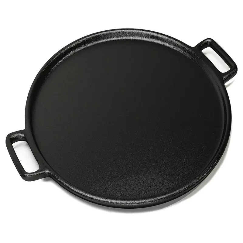 Thickened 14-inch cast iron pizza pan, flat round high-temperature resistant baking tray for home ovens, stable shape and even heat storage, ideal for baking.