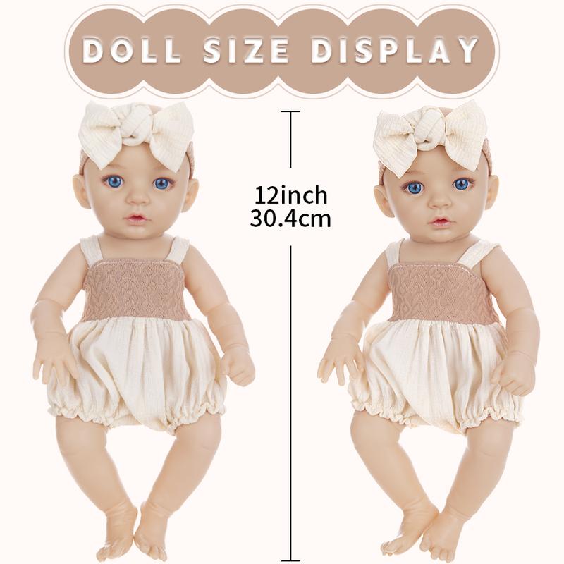 New beige dress with headband and doll 12 inch 30cm super realistic reincarnation doll, toy doll dress up party soothing doll