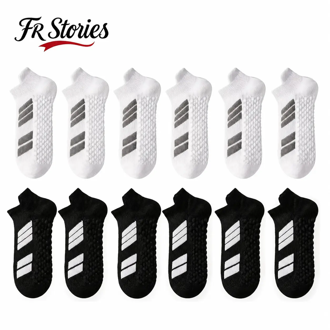 FRSports Men's 12-Pair Polyester Stripe Ankle Sock Packs - Low Cut, Cushioned, Breathable Gym, Running, Outdoor Sporty Track Socks with Terry Soles for Active Use