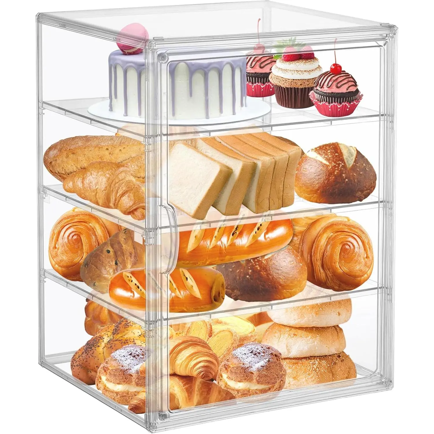 4 Layers Adjustable Clear Bread Storage Box for Kitchen Countertop,Large Bread Storage Container, 4 Layers Acrylic Pastry Display Case, Clear Boxes Bread Holder for Bread, Bagel, Muffins