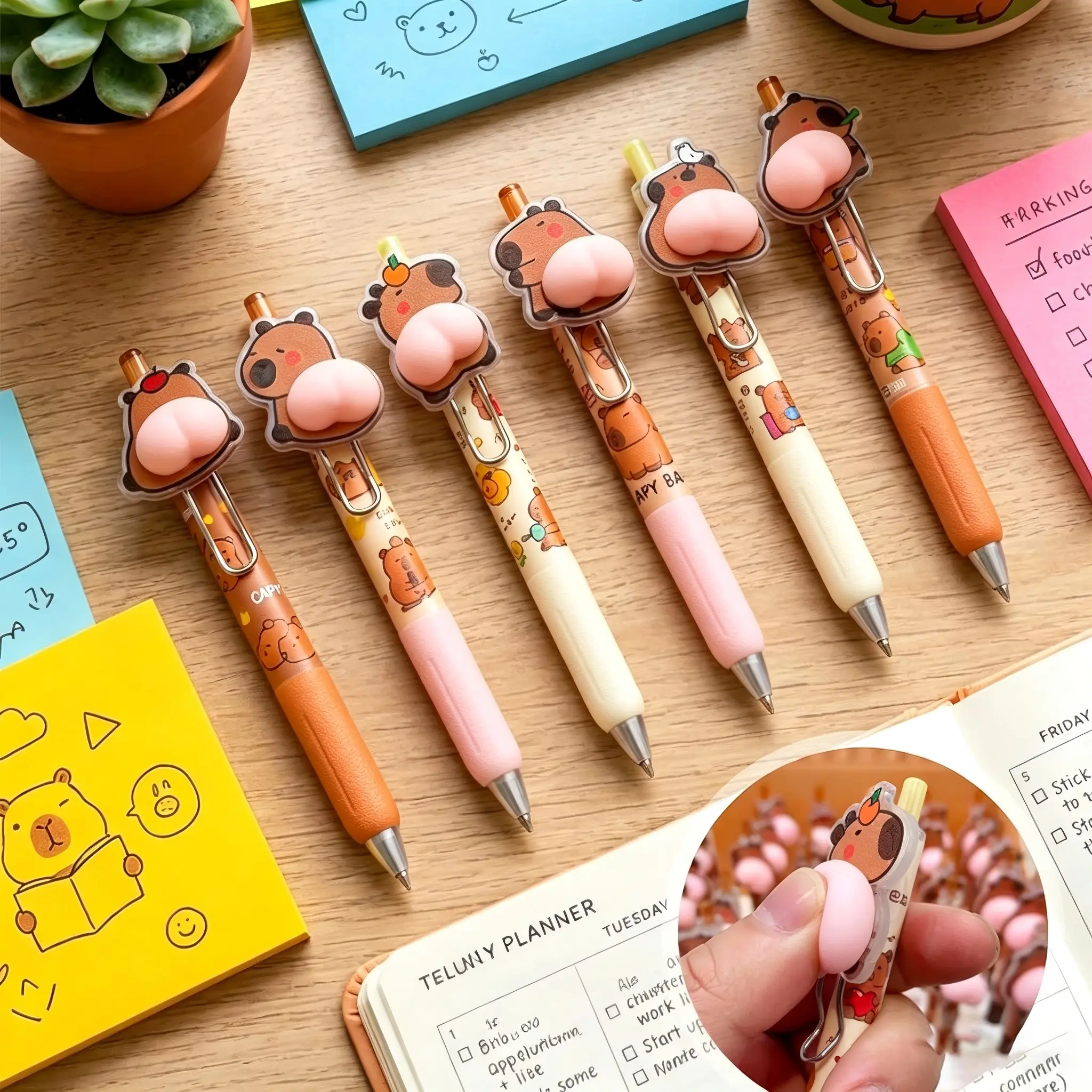 6-Pack Retractable Capybara Pen, 0.5mm Black Gel Ink Retractable Pens with Decompression 3D Topper, Squeezable Animal Rollerball Pens for Office Stress Relief, Desk Writing Pen Set for Adults, Cute Writing Pen