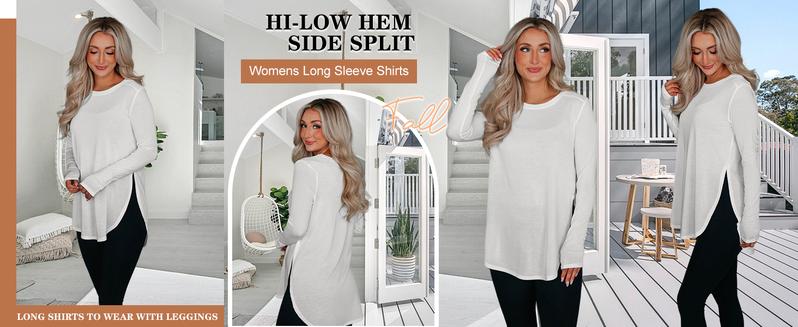 Womens Long Sleeve Tunic Tops Fall Casual Crew Neck Side Split Hi-Low Hem Loose Shirts To Wear With Leggings