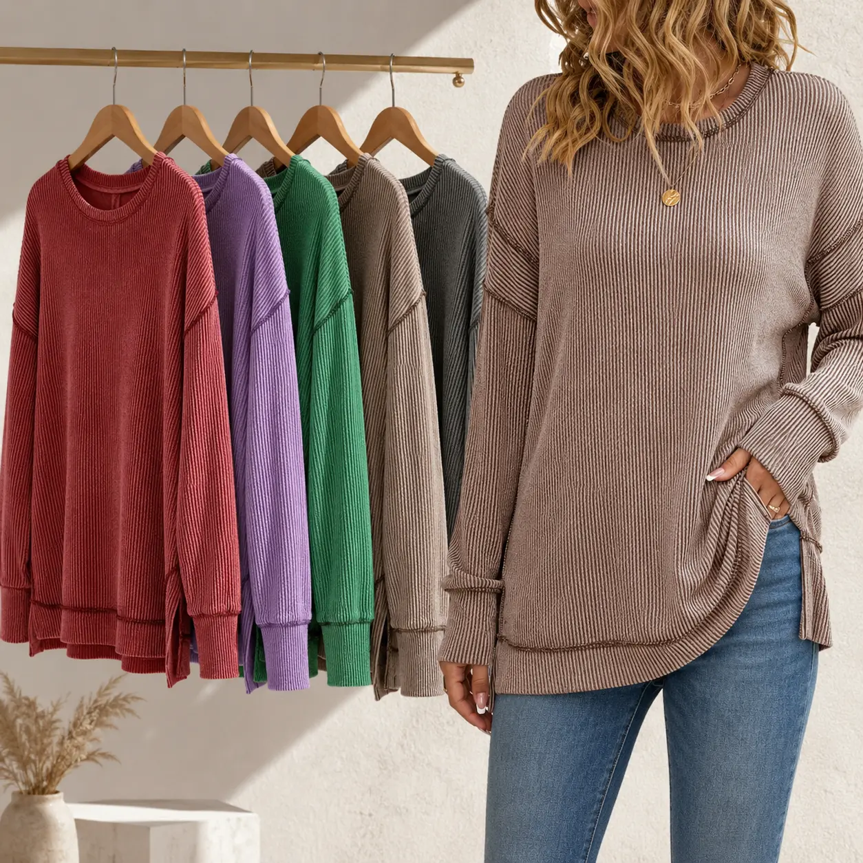 Women’s Oversized Ribbed Knit Sweater Long Sleeve Crew Neck Pullover Top Casual Loose Fit Side Slit Sweater for Fall Winter Fashion Soft Cozy Women’s Casual Knitwear Trendy Daily Wear