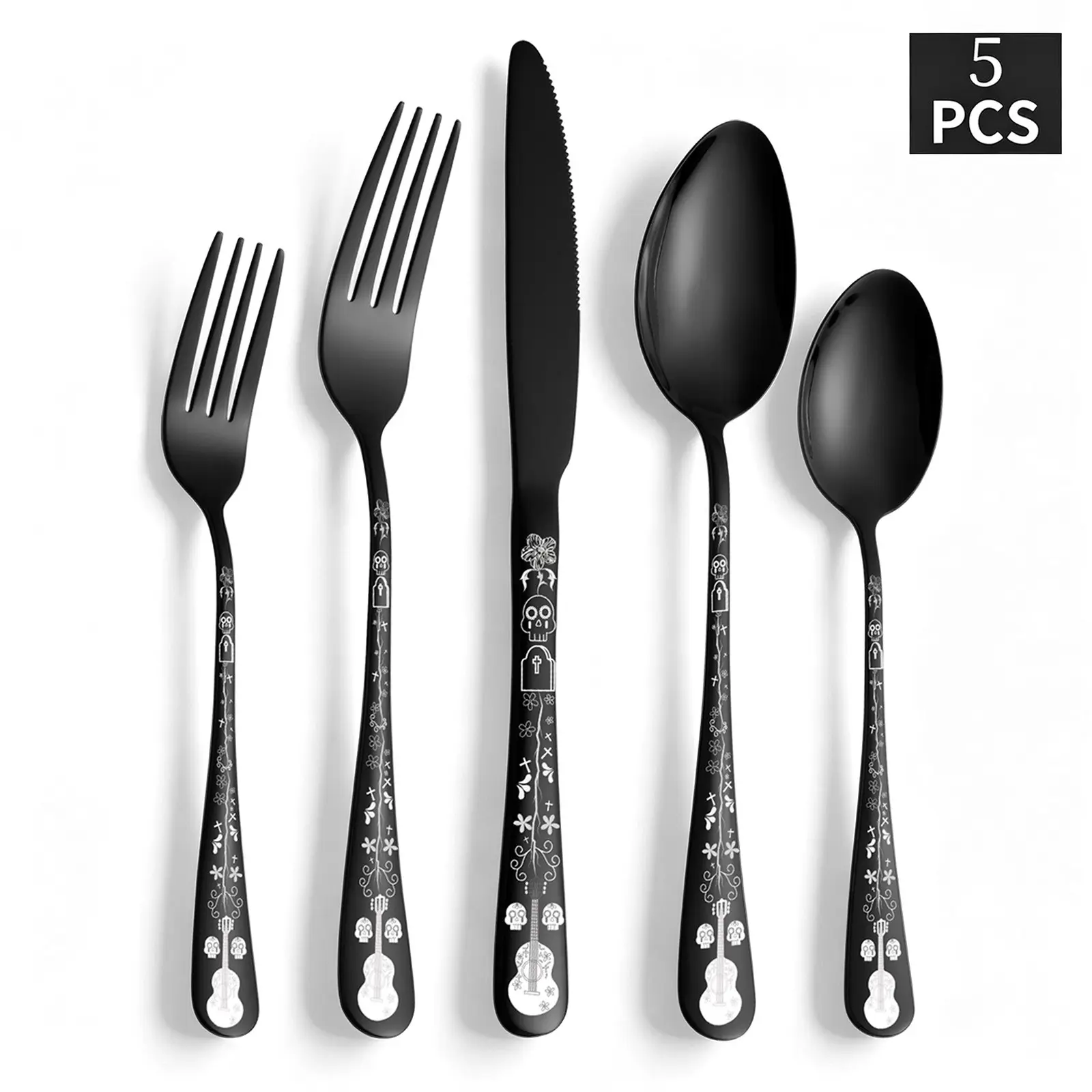 Skull Silverware Set, 5 Piece Gothic Skeleton Cutlery, Perfect for Halloween, Christmas, Parties, Gifts, Housewarming Decorations