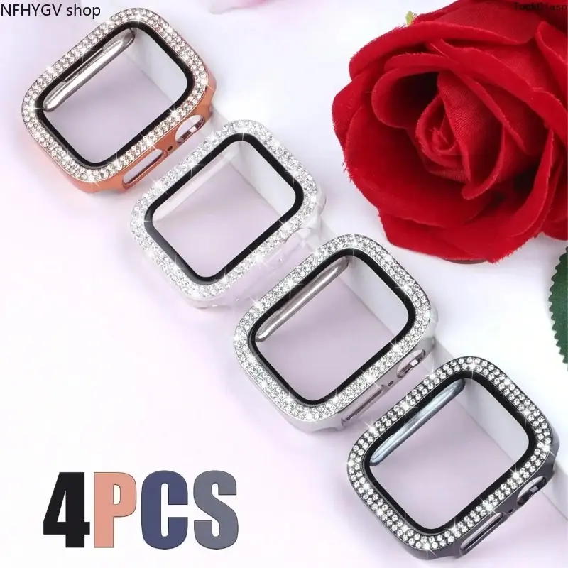 Women's Dual Row Diamond Sparkle Protective Cases For Apple Watch 40–46mm, Hard PC Shell Built-In Tempered Glass Anti-Drop And Scratch Resistant Bling Watch Cover, Trendy Fashion Accessory For Spring And Summer Daily Outfits