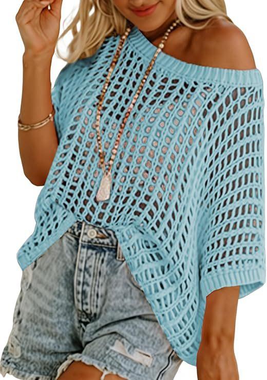 2026 summer five-quarter sleeve sexy hollow top pullover beach blouse knitted sweater women