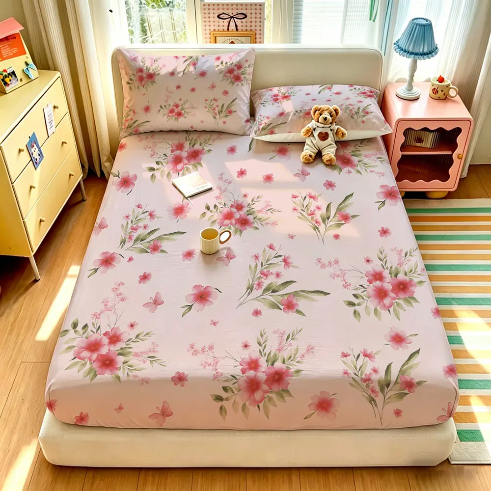 3pcs Fresh Pink Floral Green Leaf Print Fitted Sheet Set, Floral Bedsheets, 1 Fitted Sheet + 2 Pillowcases, Soft Comfortable Bed Cover, Deep Pocket, No Insert, Suitable for All Rooms