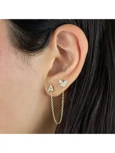 Letter Double-ear Connected Stud Earrings, Integrated Butterfly Chain Ear Pins, Stylish Conjoined Earrings for Two Ear Holes, Women's Jewelry Accessories