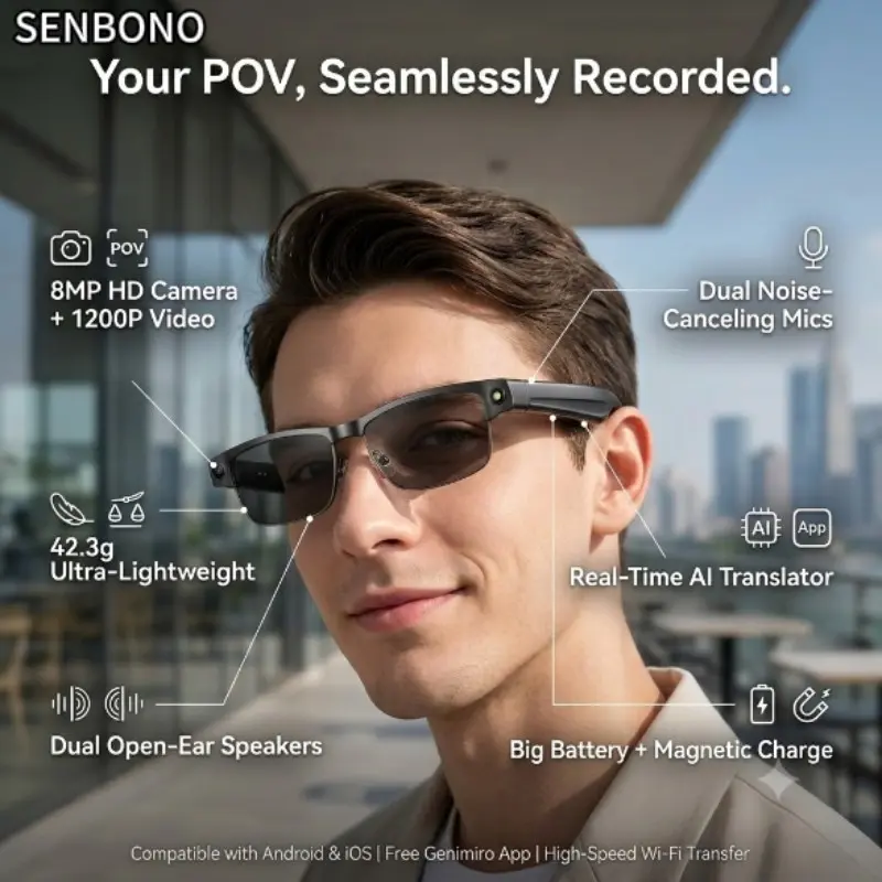 Senbono AISmart Glasses with Camera and Bluetooth-compatible, 8MP Photo, HD Video, Real-Time Translation, Object Recognition, Voice Assistant, Travel, Sports, Outdoor Use