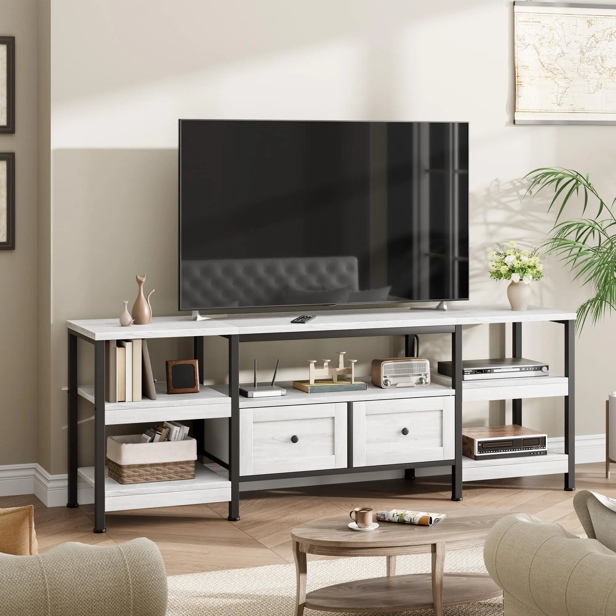 📺 79/71/63 Inch Industrial TV Stand with 2 Drawers – Rustic Media Console, Sturdy Metal Frame & Quick 20-Min Assembly! 🪵✨