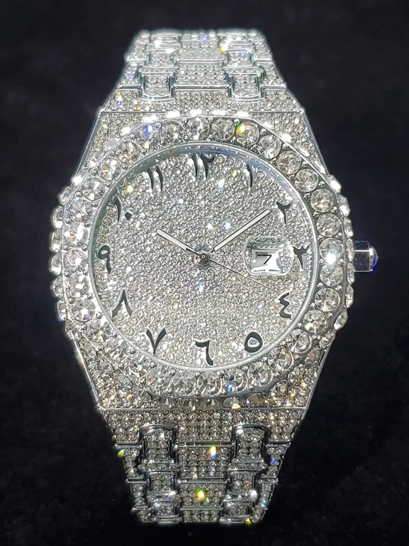 Luxury Men's Watch with Full Diamonds, Hip-Hop Street Style, Automatic Date, Arabic Number Dial, Perfect Party Gift, Diamond Encrusted Watch