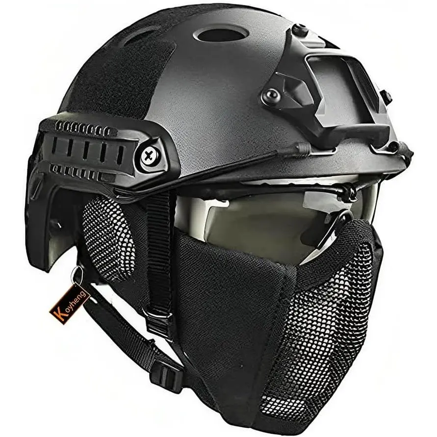 MH Tactical Fast Helmet Combined,with Foldable Ear Protection Half Face Mesh Mask and Goggles for Airsoft Paintball CS Game Set