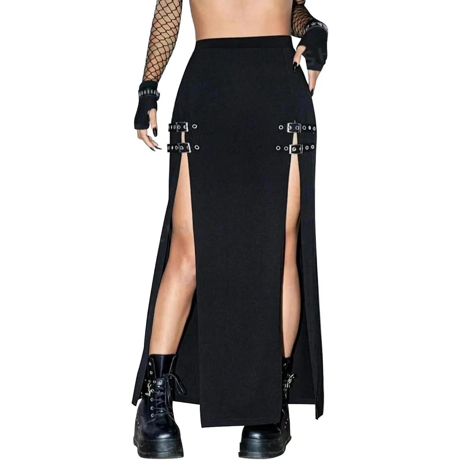 Black Punk Gothic Rave Maxi Skirt with Double Buckle Split for Women High Waist Long Club Party Slit Skirt(Gift)
