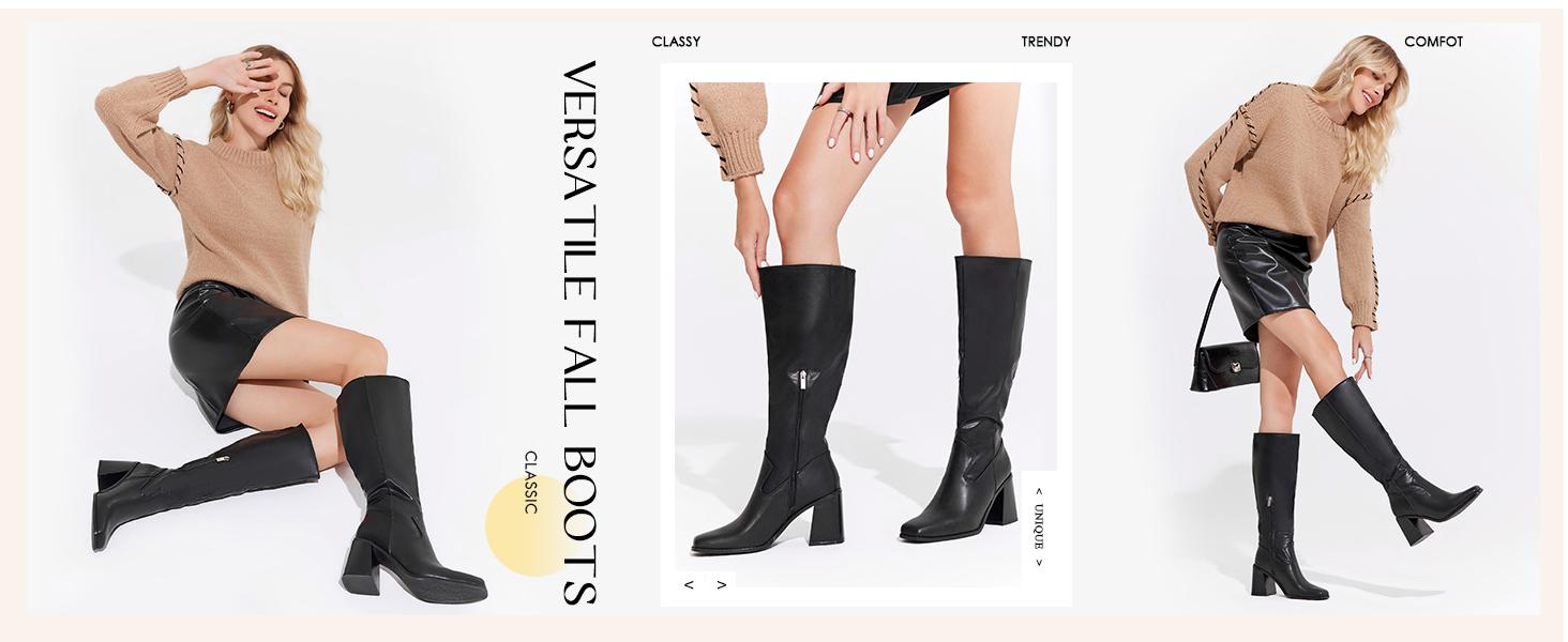 Coutgo Women's Knee High Boots Wide Calf Square Toe Chunky Heeled Pull-on Boot