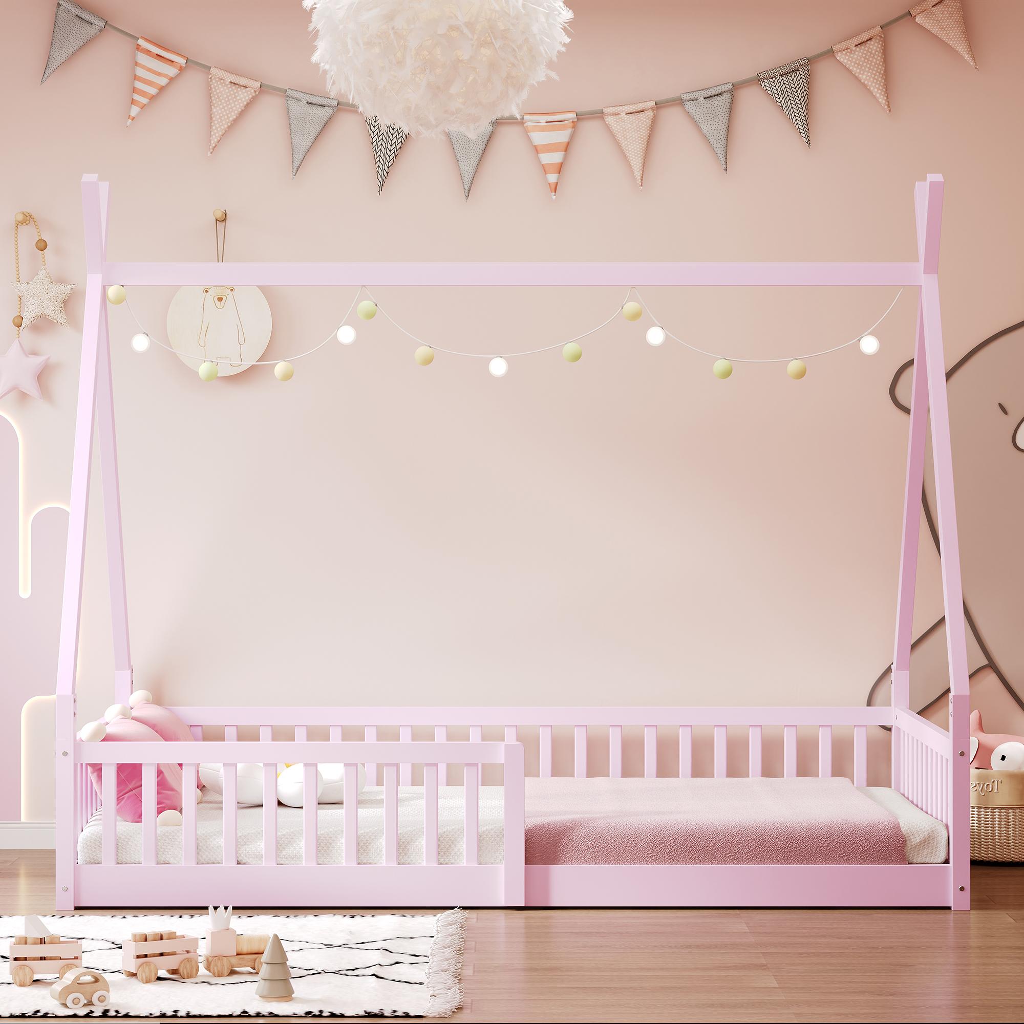 Twin Size Wood House Bed with Fence, Pink