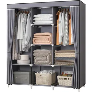 Portable Closet 51 Inch Wardrobe for Hanging Clothes with 2 Hanging Rods, 8 Storage Organizer Shelves for Bedroom, Durable and Easy to Assemble, Grey