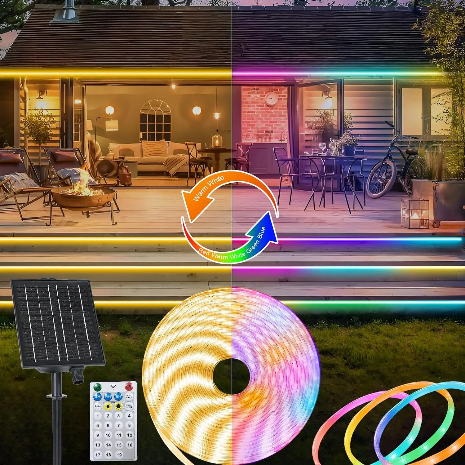 32.8Ft Dual Color Changing Solar LED Strip Lights Outdoor, IP68 Waterproof Strip Lights with Timer Remote, Self-Adhesive Cuttable Light Strip for Yard Garden Decor (Warm White & Multicolor)