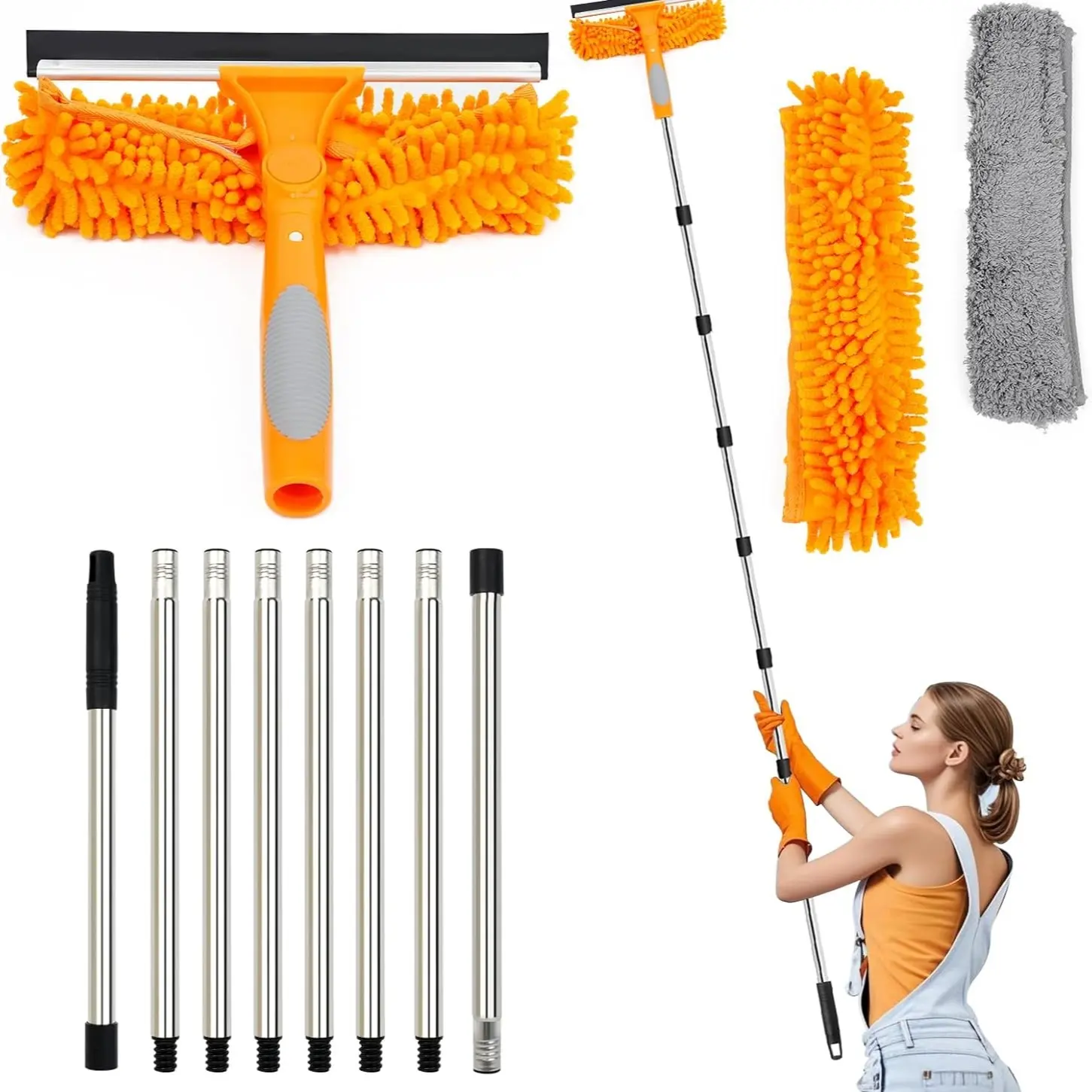 3.1m Long Reach Window Cleaning Equipment, 3-In-1 Telescopic Cleaner, Multipurpose Cleaning Tool, 270° Rotating Squeegee, 8 Extendable Poles
