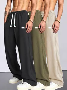 3-Pack Men's Solid Color Vintage Corduroy Wide Leg Straight Pants, Spring & Fall, Loose Fit, Side Pockets, Comfortable Casual Wear