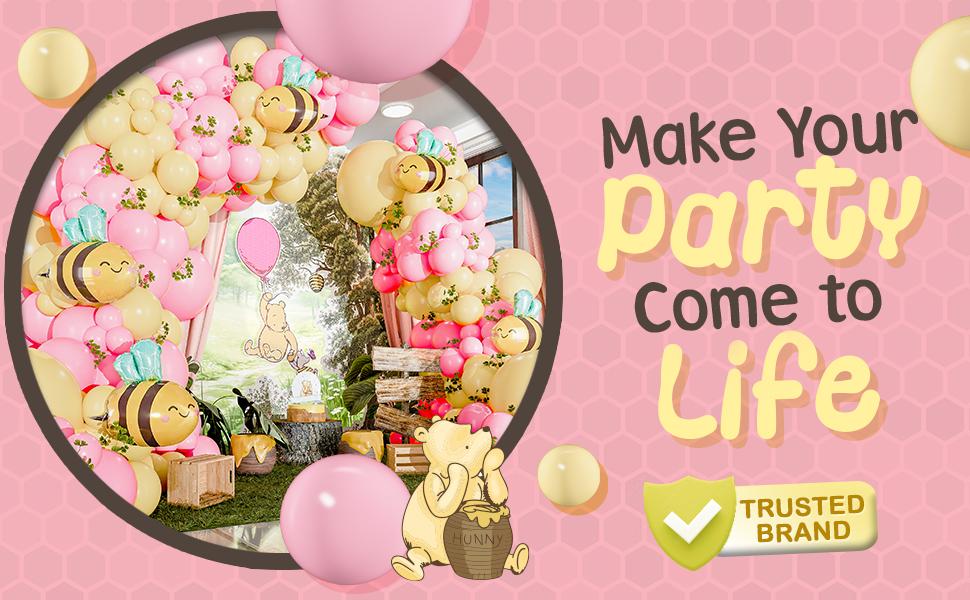 ALL-IN-1 Winnie Balloon Arch Kit with BONUS Bee Balloon for Pooh Baby Shower Decorations - Pink and Yellow Balloons for Honeycomb Bear Birthday Decorations & Baby Shower Balloons - Pooh balloons