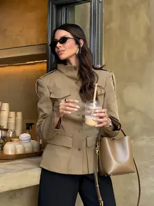 Elegant Chic Women's Spring Fall Slim Fit Jacket, Outerwear, Streetwear Vintage Style, Pocketed Solid Long Sleeve Stand Collar Coat, Casual Daily Wear