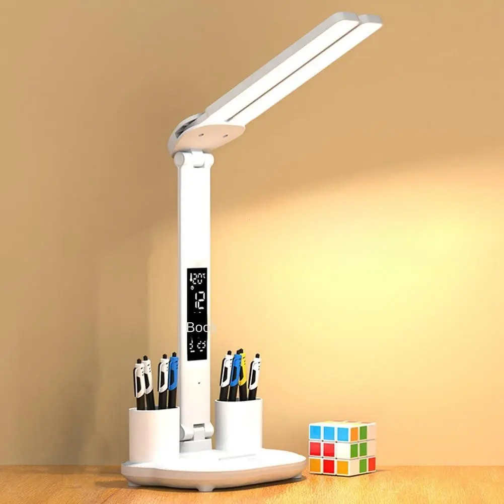 Dual-Head LED Desk Lamp, Touch Switch, USB Powered, Adjustable Brightness and Color Temperature, Time Display, Ideal for Dorms and Bedrooms, Touch Lamps