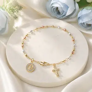 3 Color Beaded Rosary Bracelet Zirconia Virgin Mary Medal Cross Pendant Dainty Copper Chain Daily Prayer Wear Aesthetic Christian Jewelry Meaningful Faith Accessory
