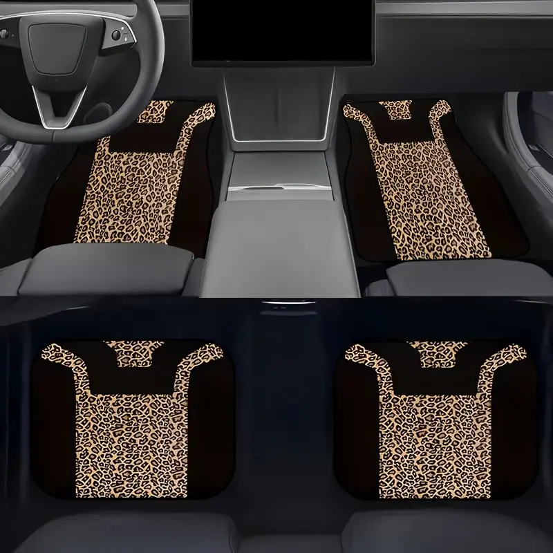4 Piece Set Leopard Print Rubber Car Mats, Non-Sponge, Unvulcanized, Durable, Easy Clean, Fits All Vehicles, Suv Truck Carpet Padding