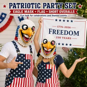 Adult 4th of July Patriotic Bald Eagle Latex Mask, American Flag Short Overalls, Freedom Flag Set, Independence Day Costume