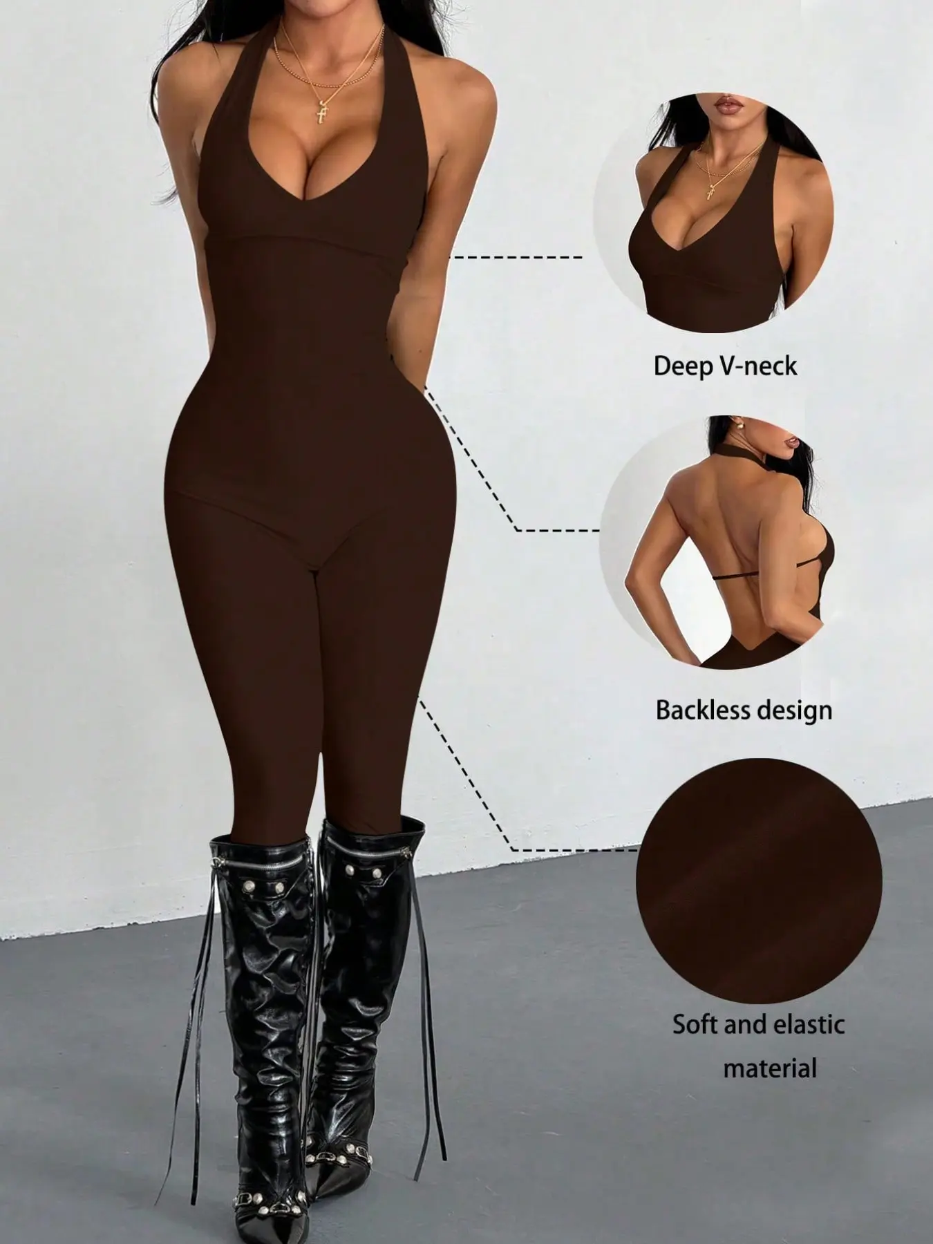 Women's Jumpsuit, Casual Deep V Neck Backless, Comfortable Fitted, Soft Elastic, Chic Y2K Style, Perfect for Summer Outdoor, Sports, Beach Parties, Graduation Season
