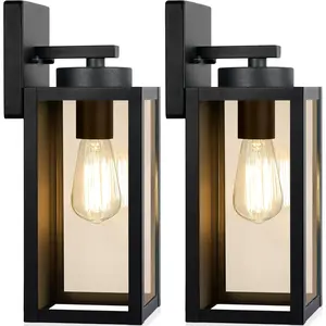 Outdoor Wall Light Fixtures, Exterior Waterproof Wall Lanterns, Porch Sconces Lighting with E26 Sockets & Glass Shades, Modern Matte Black Outside Lights for Patio Front Door Entryway Garage, 2-Pack