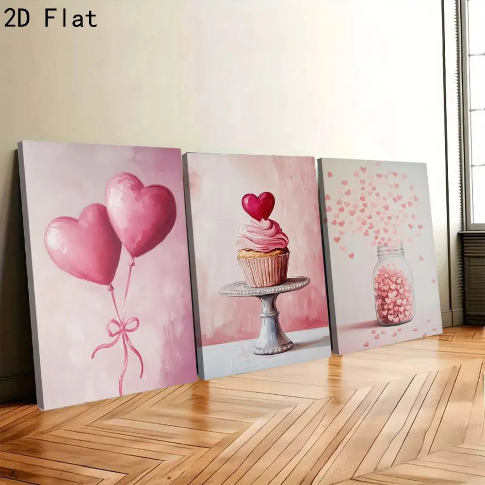 2D flat design, 3-piece set of pink heart-shaped balloon cupcake wall decor frames/posters - Modern vertical ink painting canvas art, suitable for bedroom, living room - Valentine's Day and year-round decoration, vertical wall hanging decoration, 2D flat