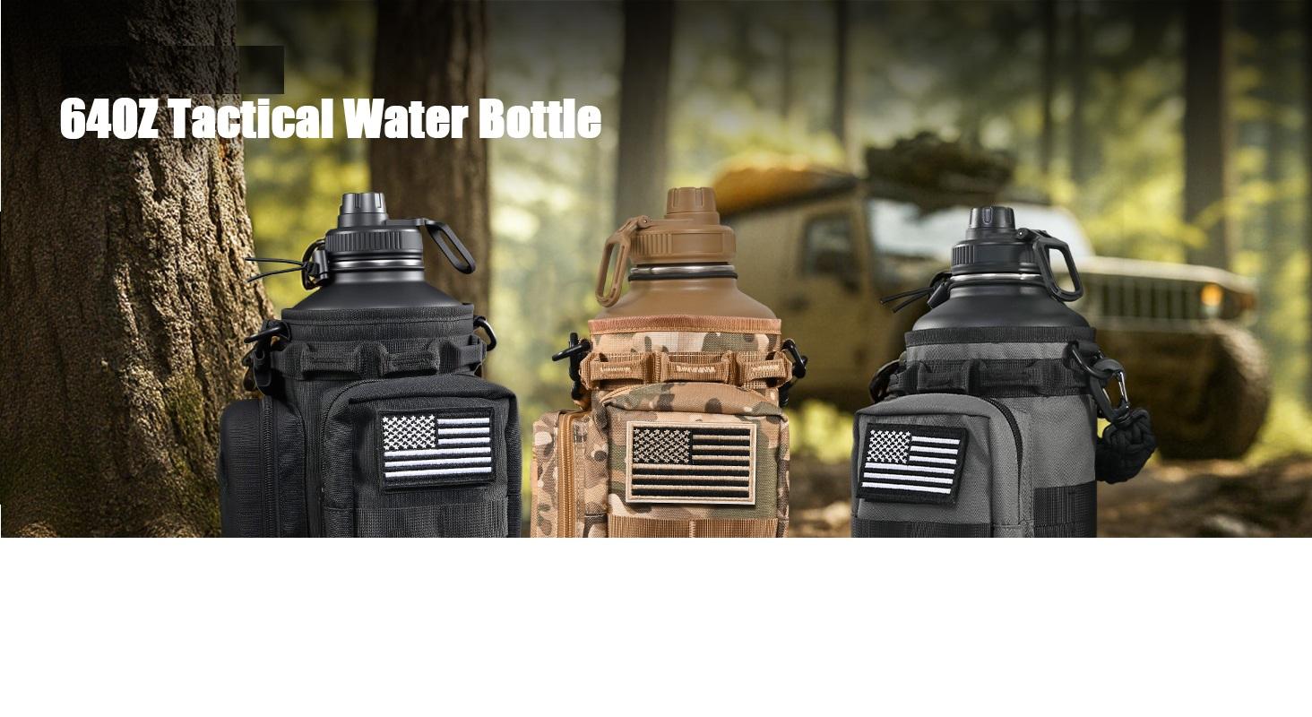 Tactical Half Gallon Water Bottle with Straw, 64 Oz Insulated Water Jug with Molle Water Bottle Holder, Stainless Steel Sport Bottle with 3 Lids for Gym Workout Hiking (Black)