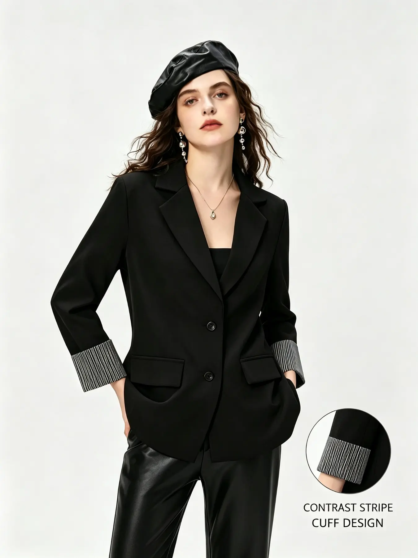 Fashion Lapel Women's Blazer Jacket, Contrast Stripe Sleeve Details, Loose Fit Office Coat, Suitable for All Seasons