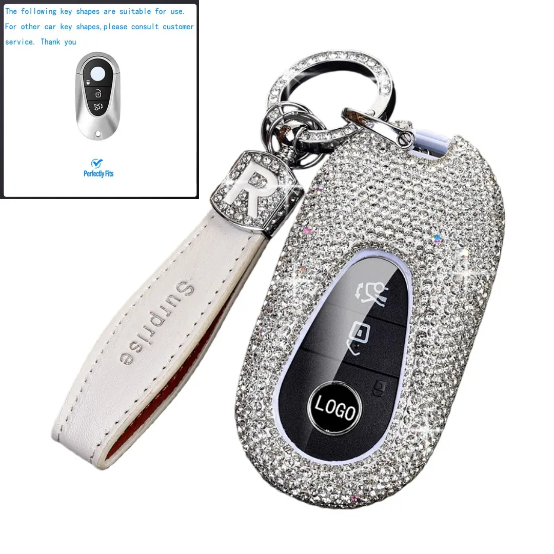 Luxury-Style Women's Diamond-Inlaid Car Key Case, Handmade Leather, R Mark Sparkle Chain Pendant, Suitable for Mercedes-Benz C-Class, E-Class, S-Class, GLC300, C63, EQE53, SL63, SL43, S63, EQS450+, EQS580, EQS SUV, EQB, S-Class Maybach
