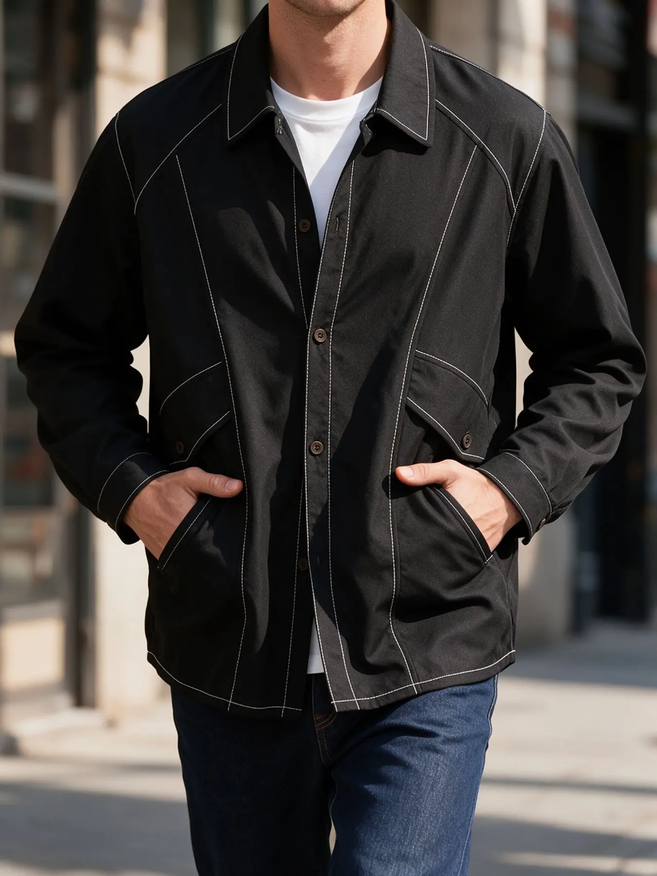 Men Contrast‑Stitch Utility Shirt Jacket, Oversized Drop‑Shoulder Collared Button‑Up Casual Chore Coat, Layering Shacket for Spring & Fall
