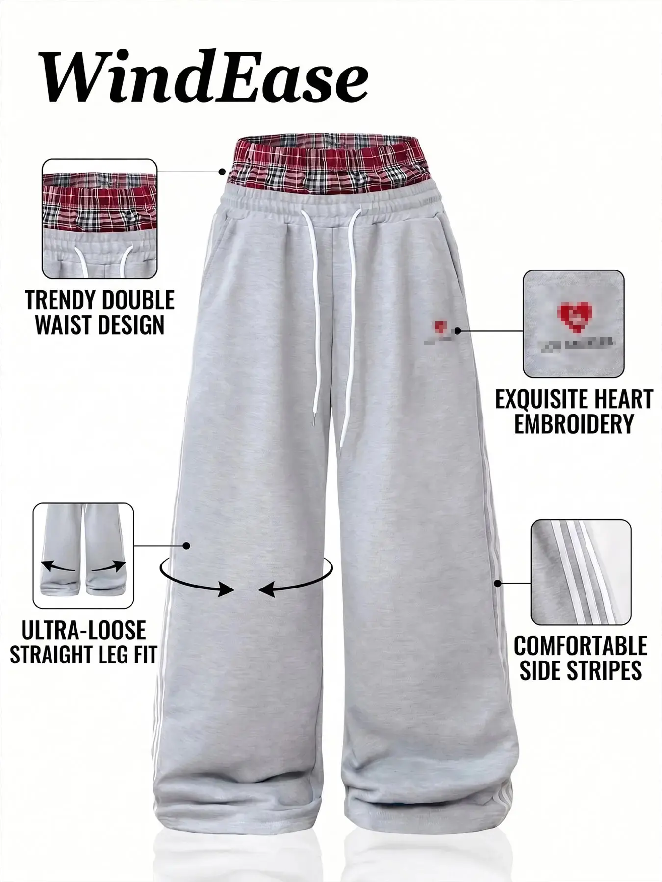 Fake Double Layer Plaid Wide Leg Sweatpants, Side Three Stripes, Heart Embroidery, Loose Fit, Soft Knit Fabric, Casual Sporty Style