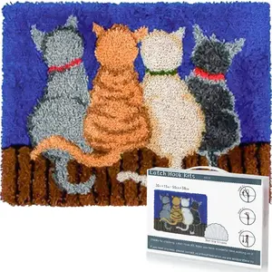 Latch Hook Rug Kit DIY Crochet Carpet for Beginners, Cats Patterns Pre-Printed Canvas Yarn Rug Hooking Kits, Creative Craft  Decor Ideal for Learning Rug Making, Blue